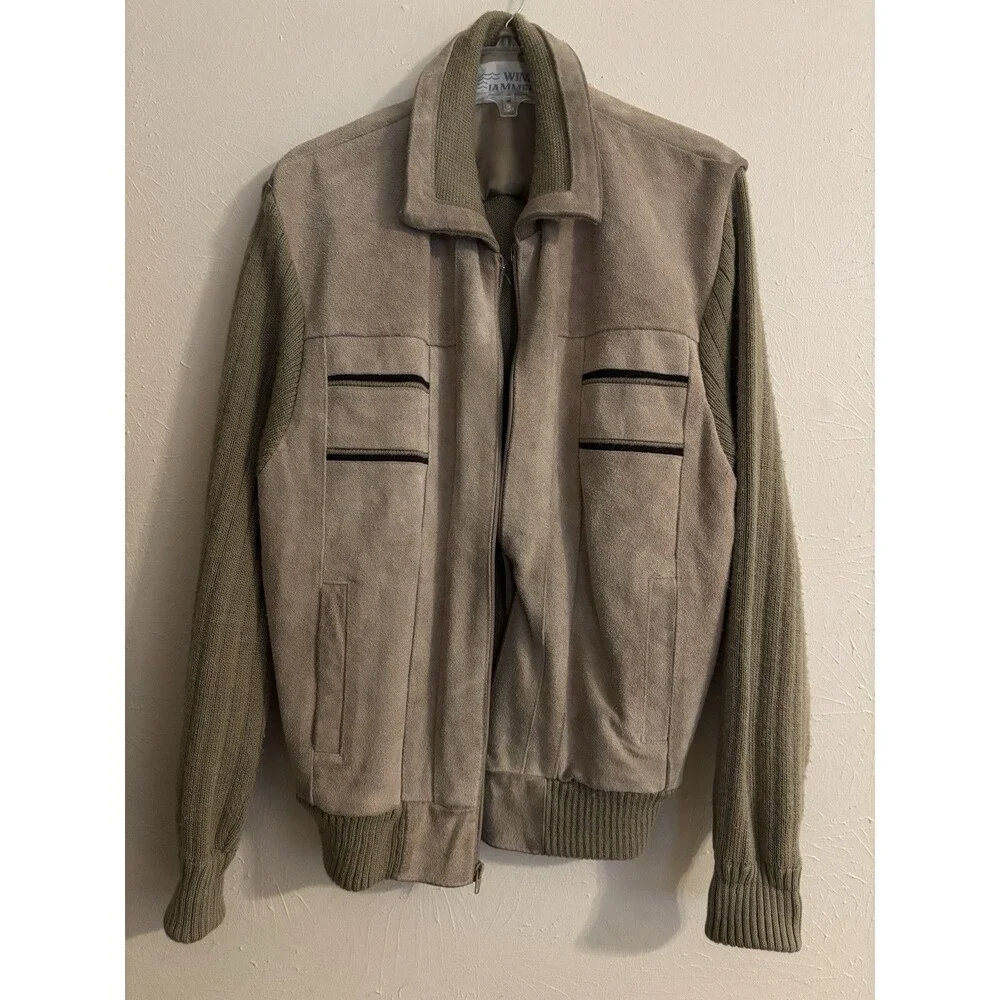 Wind Jammer Large Men's Cowhide Jacket Sweater Leather Beige Knit Zip GORP Lagen